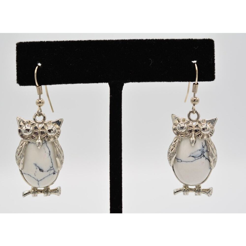 Dangle Cabochon Wise Owl Earrings Marbled Silver Tone Y2L BinAB